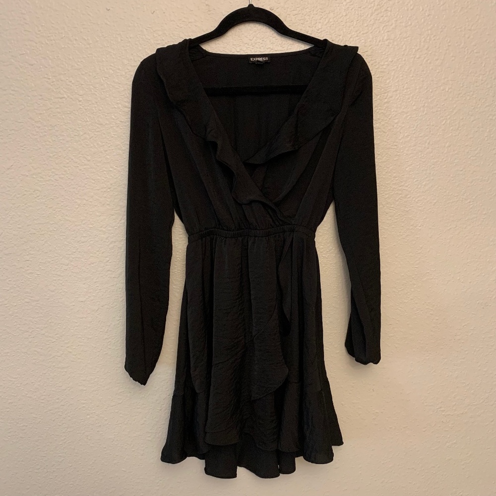 Express Black Long Sleeve Fit and Flare Ruffle Dress Size XS